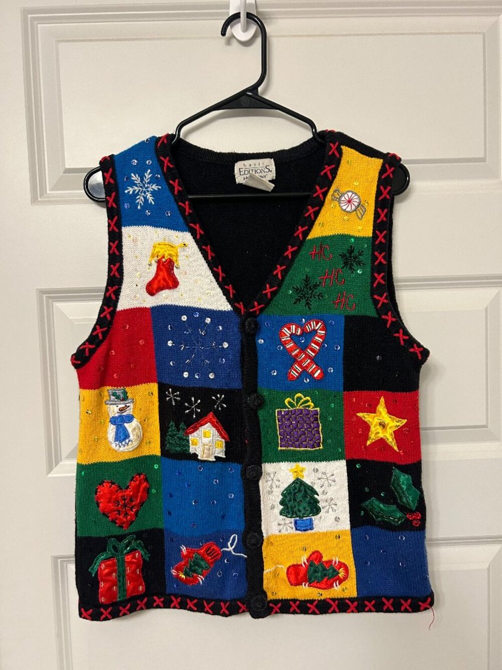 Vintage Basic Editions Christmas Sweater Vest L Patchwork Applique 90s Holiday